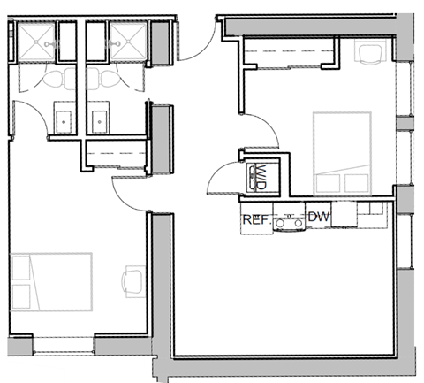 Floor plan for 2 beds, 2 baths, 597 sqft